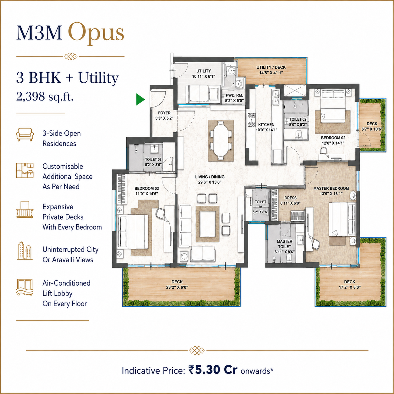 3 BHK + Utility floor plan