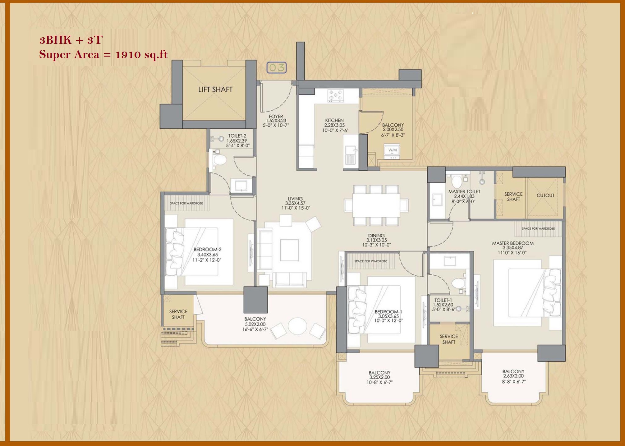 3 BHK + 3 Toilets floor plan