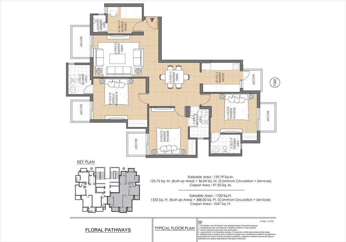 3 BHK + Study floor plan