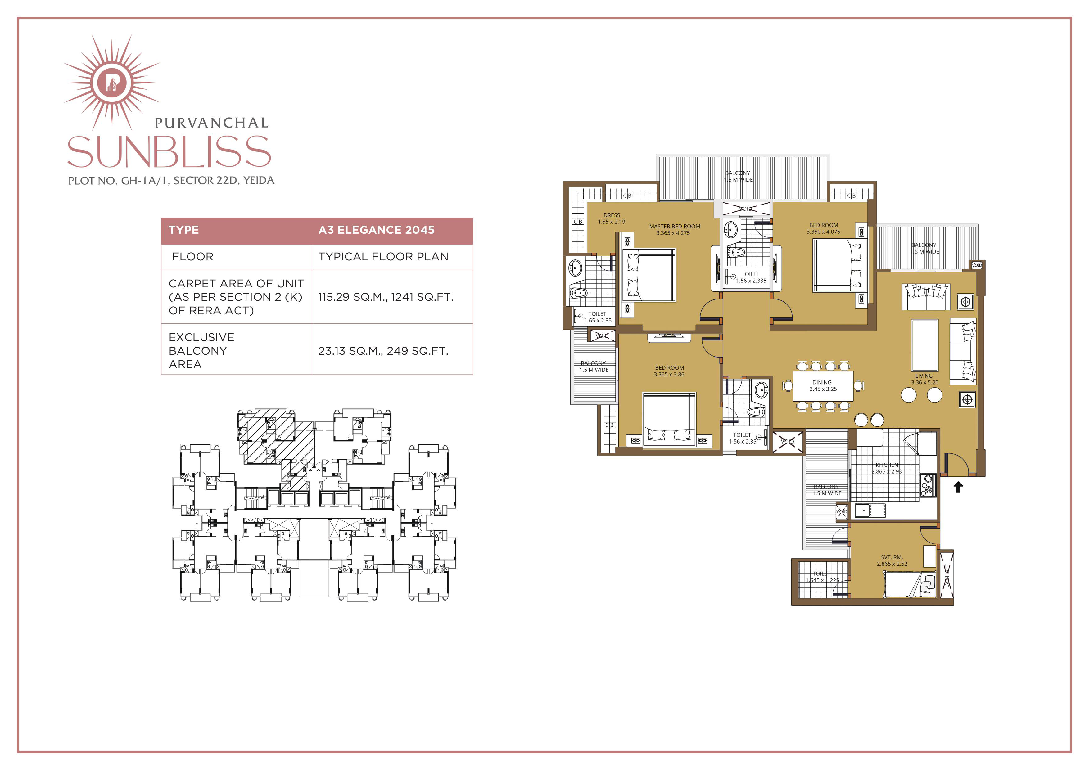 3 BHK + Servant Room floor plan