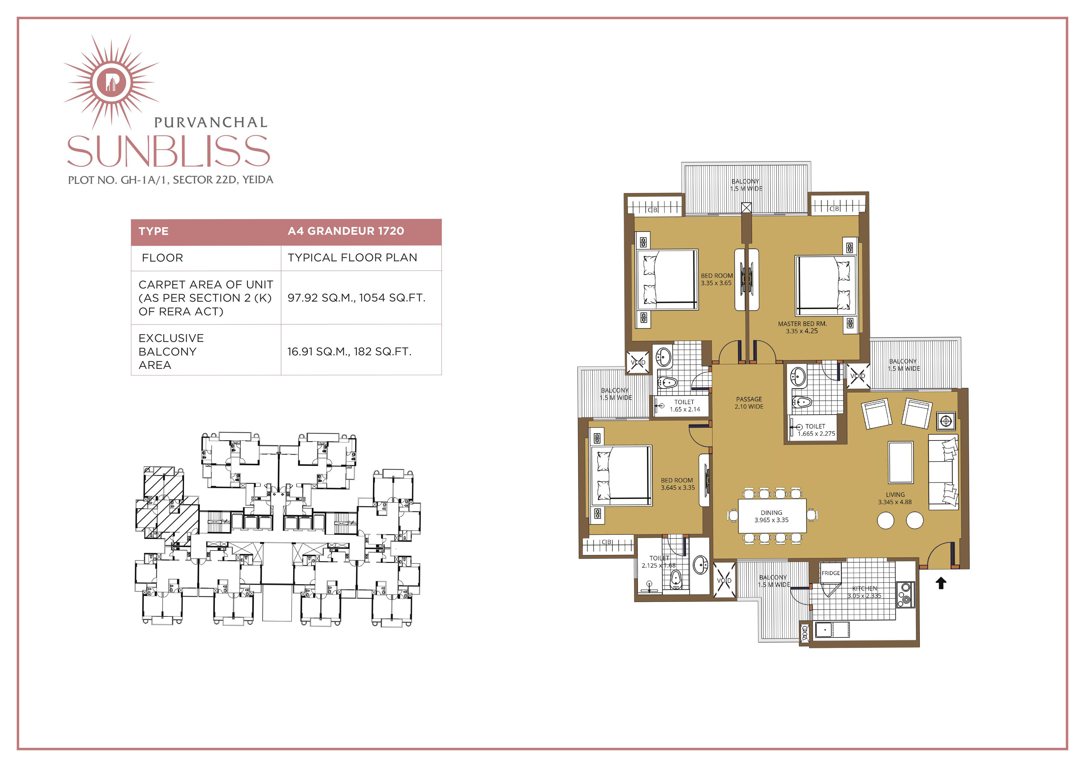 3 BHK + 3 Toilets floor plan