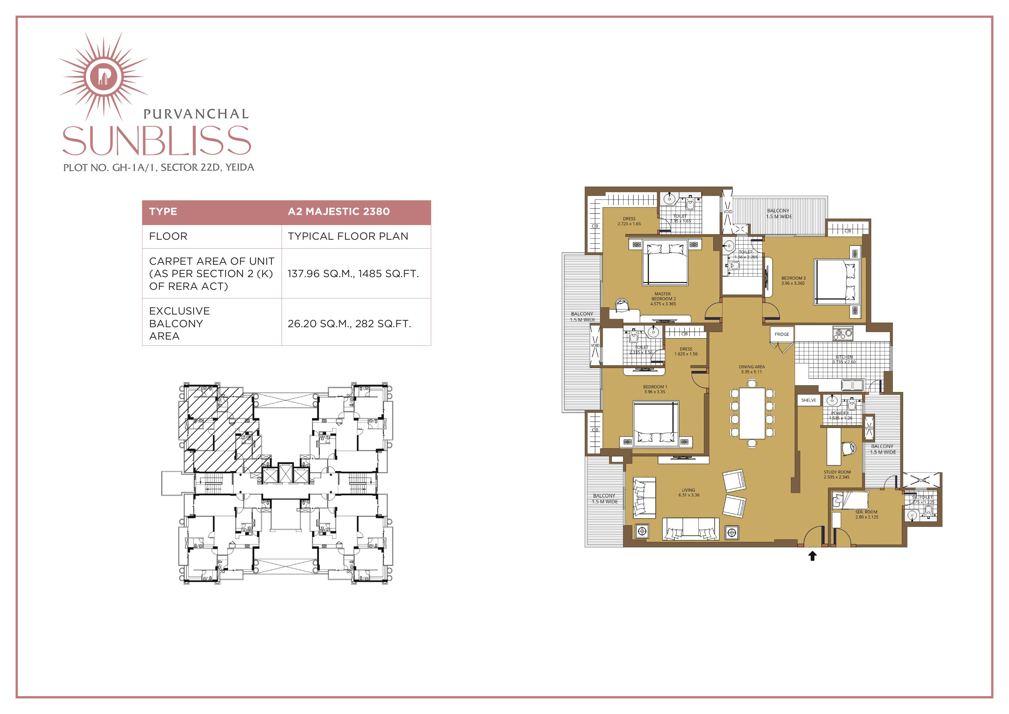 3 BHK + Servant and Study floor plan