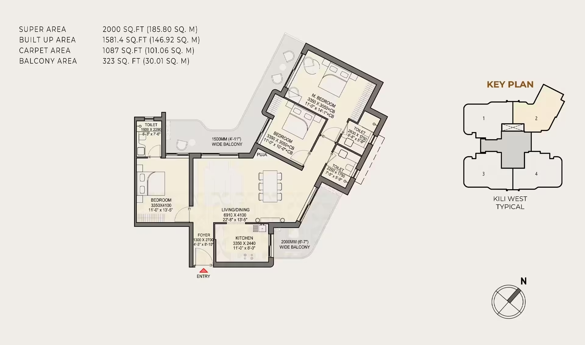 3 BHK + 3T – Grande 1 floor plan