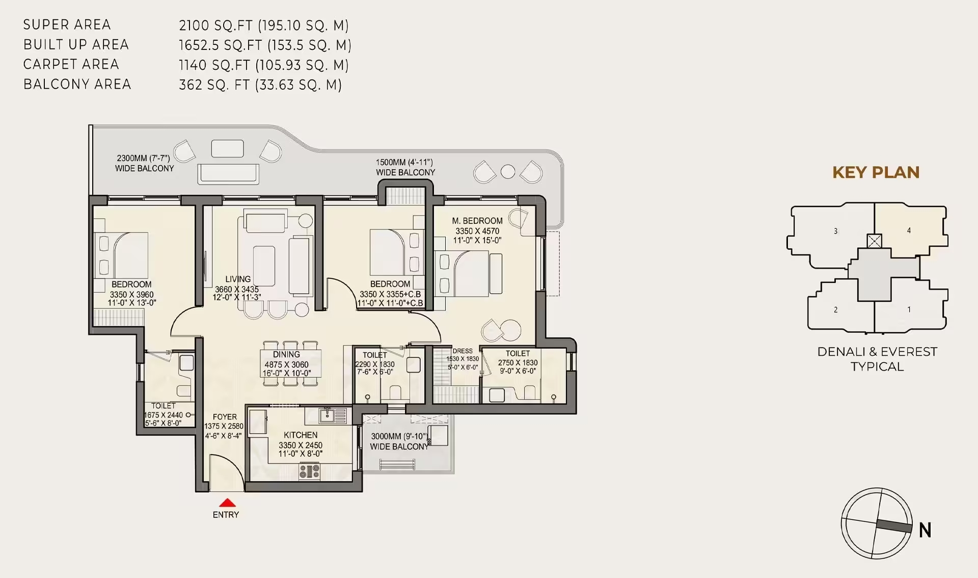 3 BHK + 3T – Grande 2 floor plan