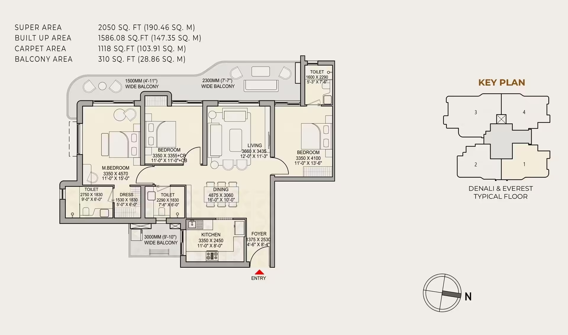 3 BHK + 3T – Type 1A floor plan