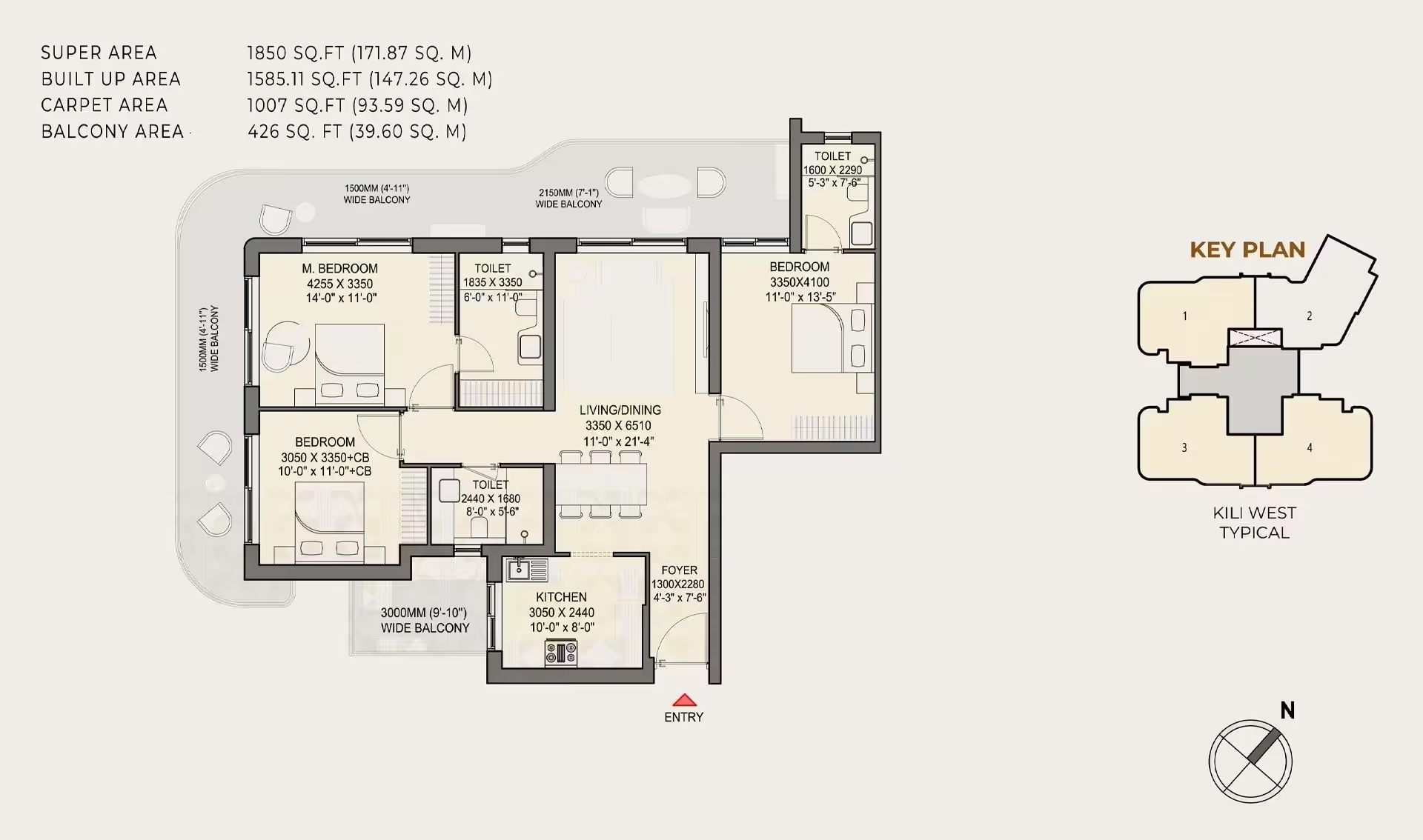 3 BHK + 3T – Type 2A floor plan