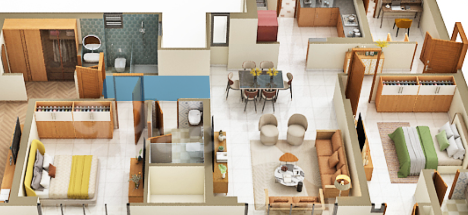 3 BHK + Study floor plan
