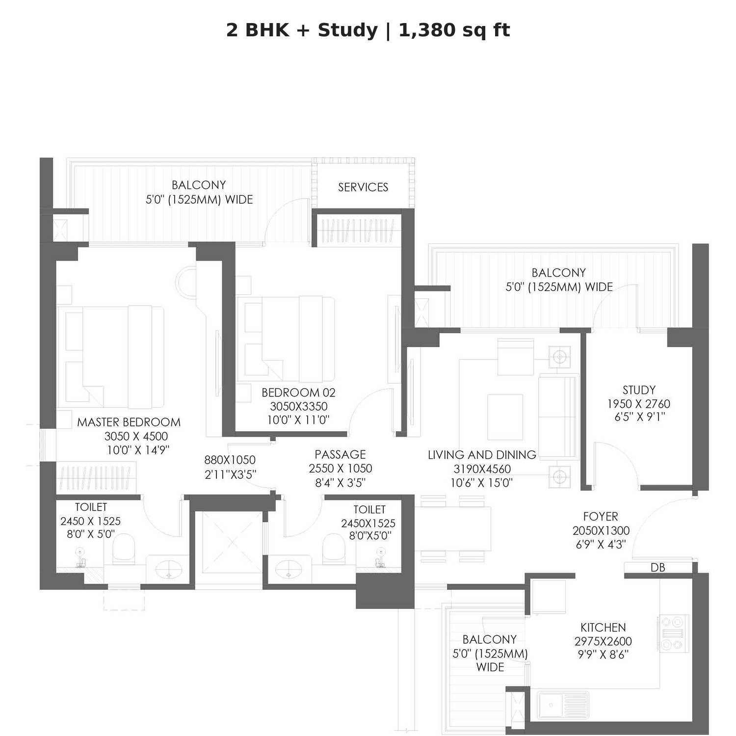 2 BHK + Study floor plan