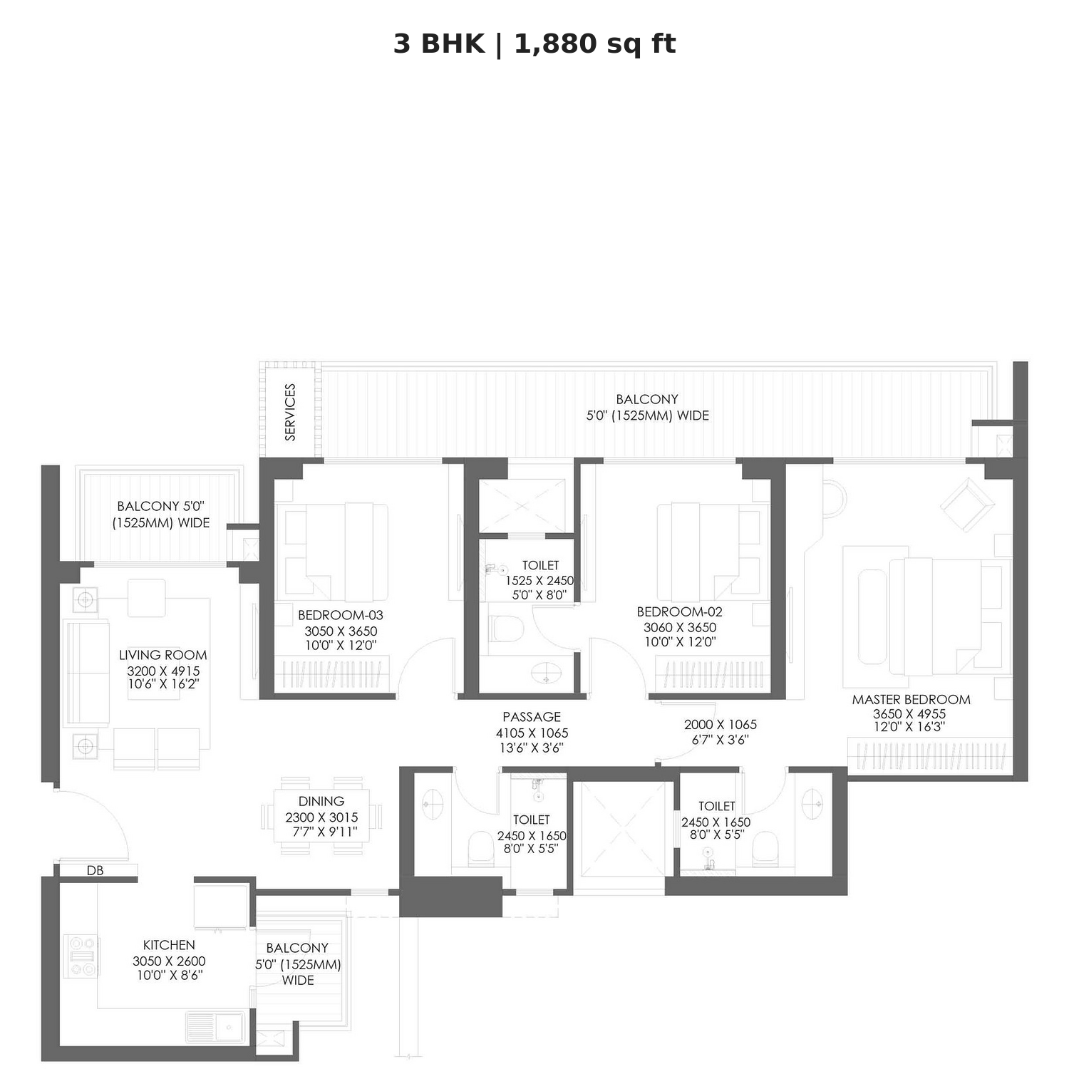 3BHK floor plan