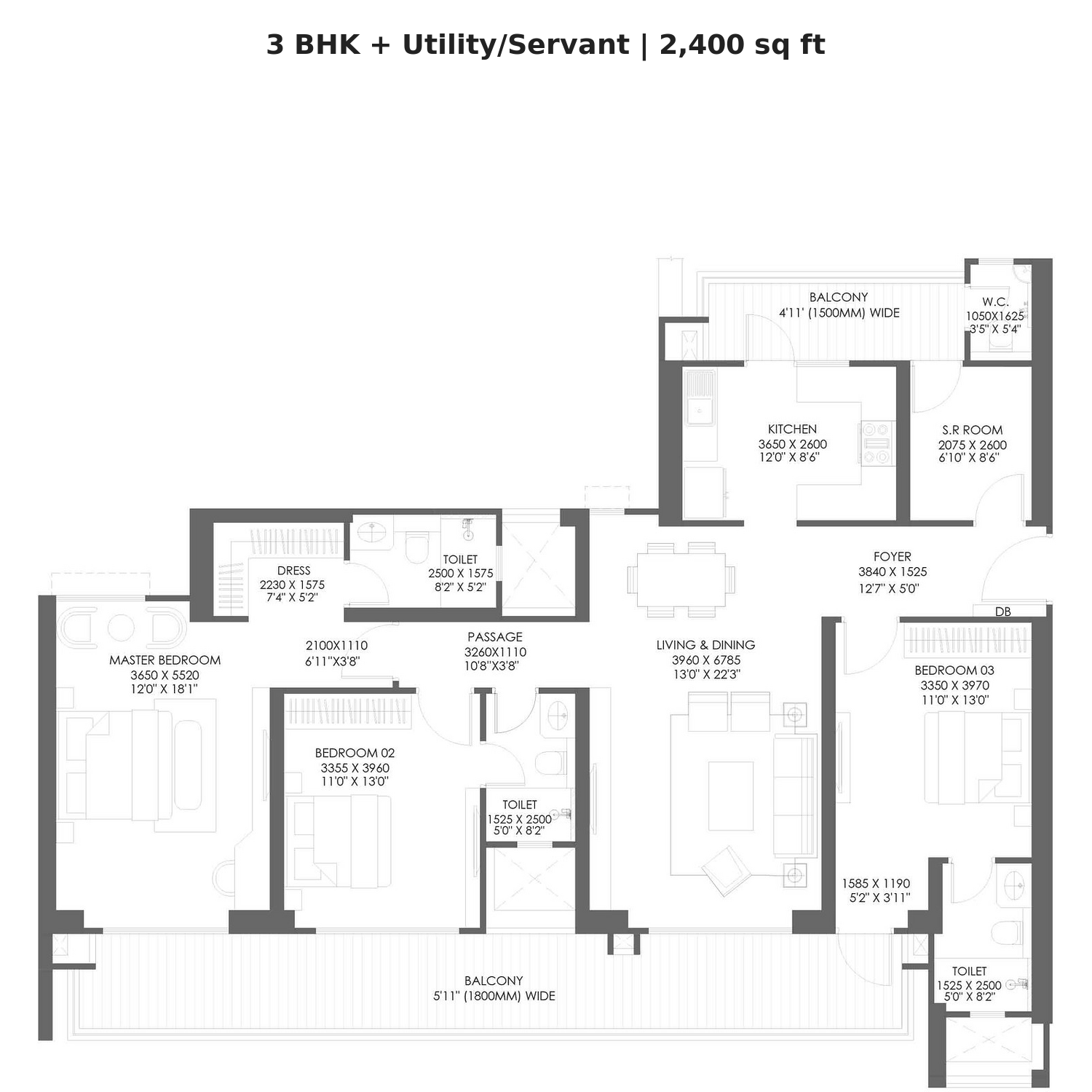 3BHK + Utility/Servant floor plan