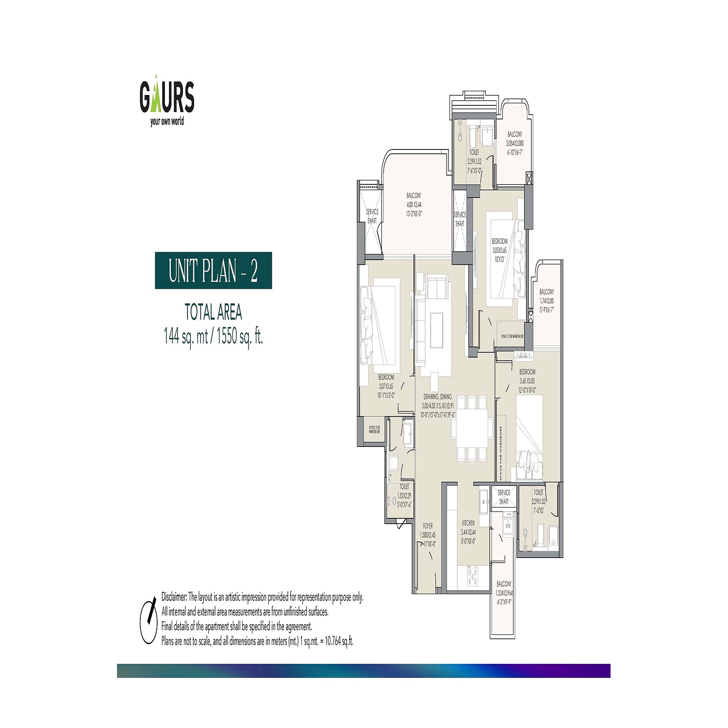 3 BHK + Study floor plan